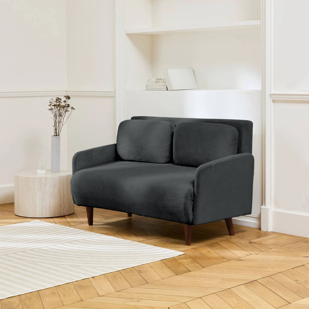 Divano letto in velluto a coste con gambe in legno, 2 posti, grigio