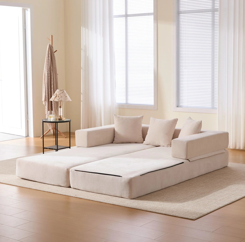 Blocco divano modulare in ciniglia beige con tasche laterali