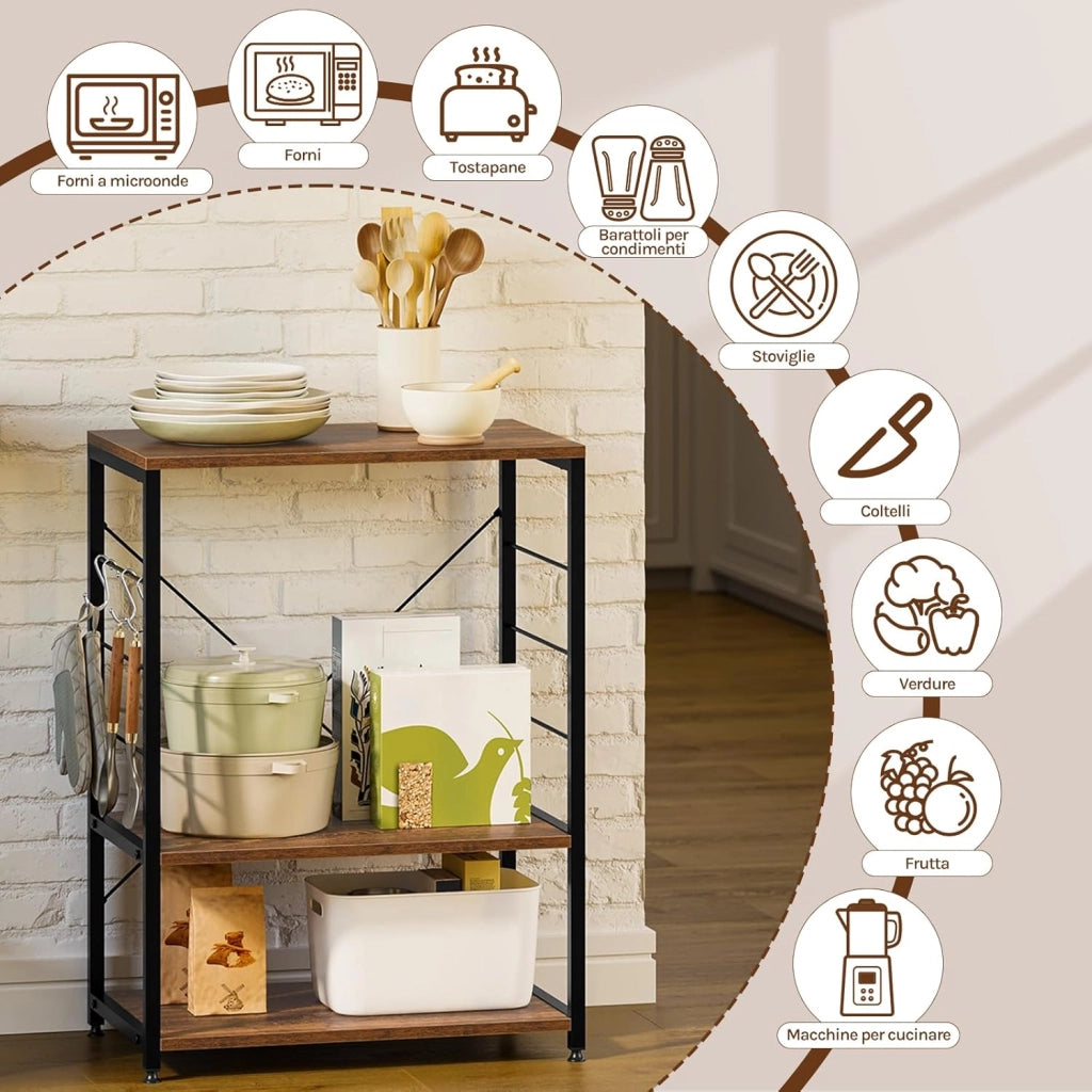 Scaffale per Cucina Carrello per Microonde Forno a 3 Ripiani in Metallo e Legno Scaffalature Fioriera Multiuso, Effetto Legno Vintage