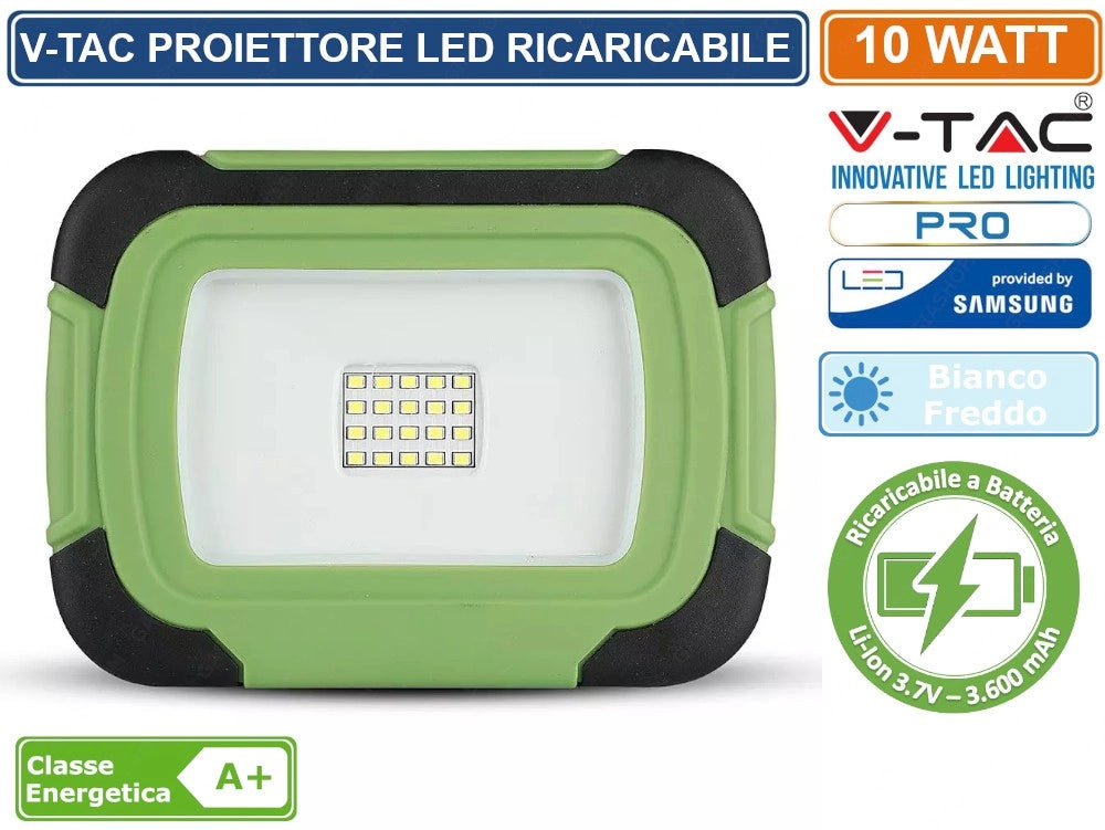 V-TAC PRO VT-10-R FARO LED SMD 10W IP44 RICARICABILE A BATTERIA CON CHIP SAMSUNG BIANCO FREDDO SKU 503
