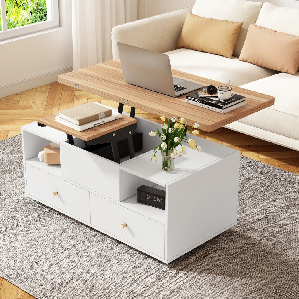 TAVOLINO ALZABILE E PIEGHEVOLE 100 x 50 x 47,5 cm MDF Colore Legno Naturale e Bianco con 4 Cassetti