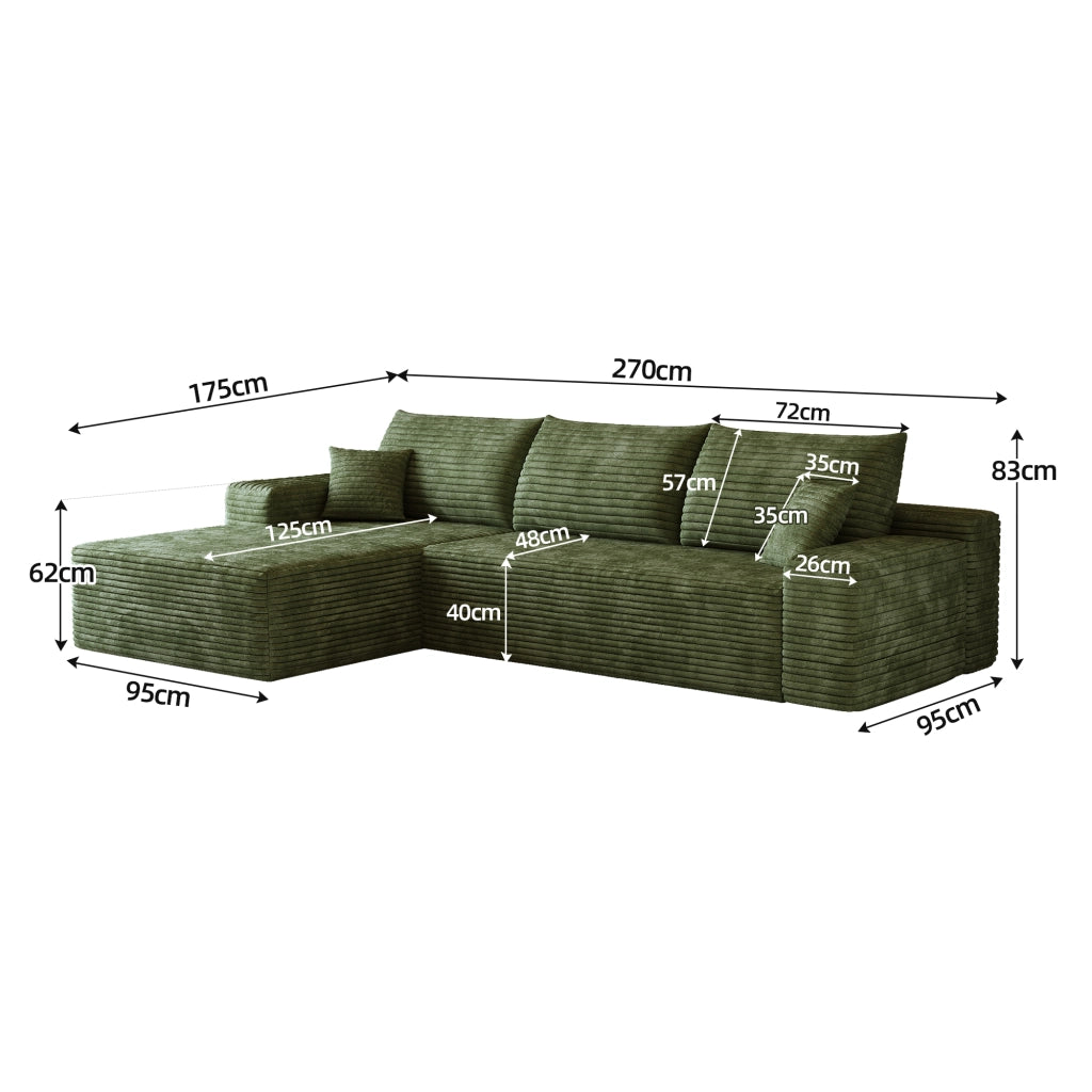 Divano ad angolo modulare con chaise longue a L e schiuma elastica, senza montaggio, in tessuto a coste verde 270 cm