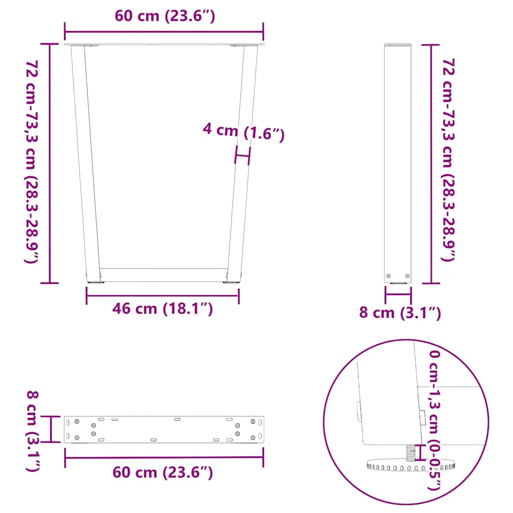 Gambe per tavolo da pranzo a forma di V 2 pz nere 60x(72-73,3) cm in acciaio 4012640