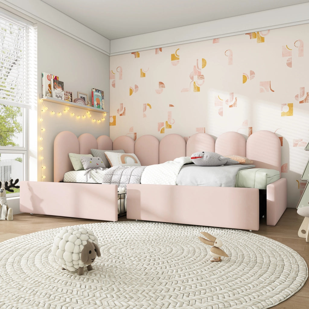 Letto singolo con cassettoni in velluto rosa 90x200 cm