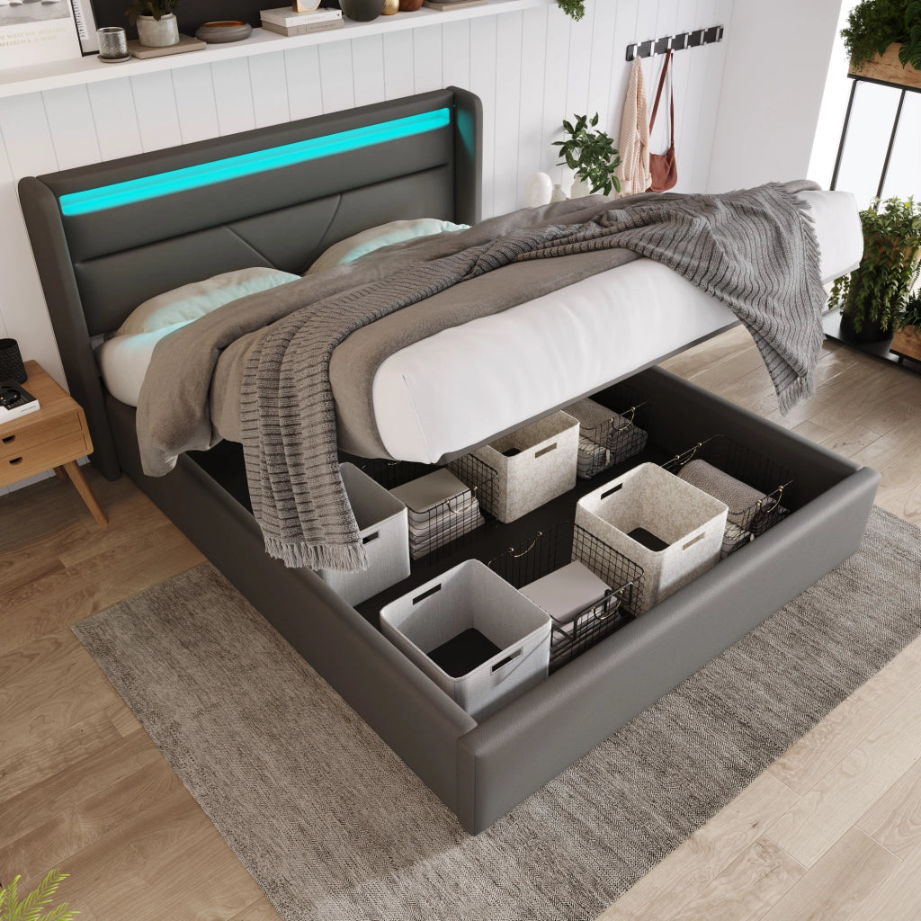 Letti contenitori 140x200 cm; con LED e sollevamento idraulico; PU grigio (Senza materasso)