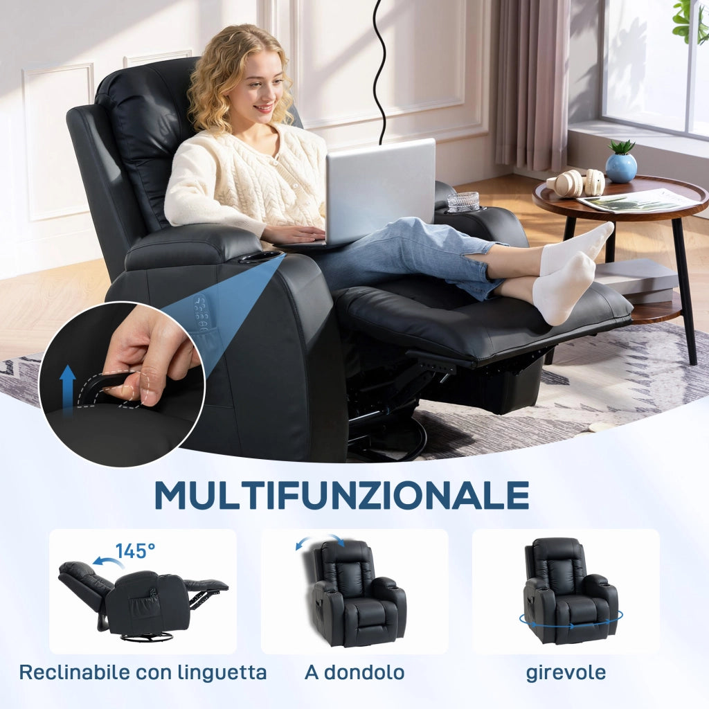 Poltrona Reclinabile Massaggiante e Riscaldata 8 Punti Massaggio e 3 Modalità con Telecomando in Pelle PU Nero