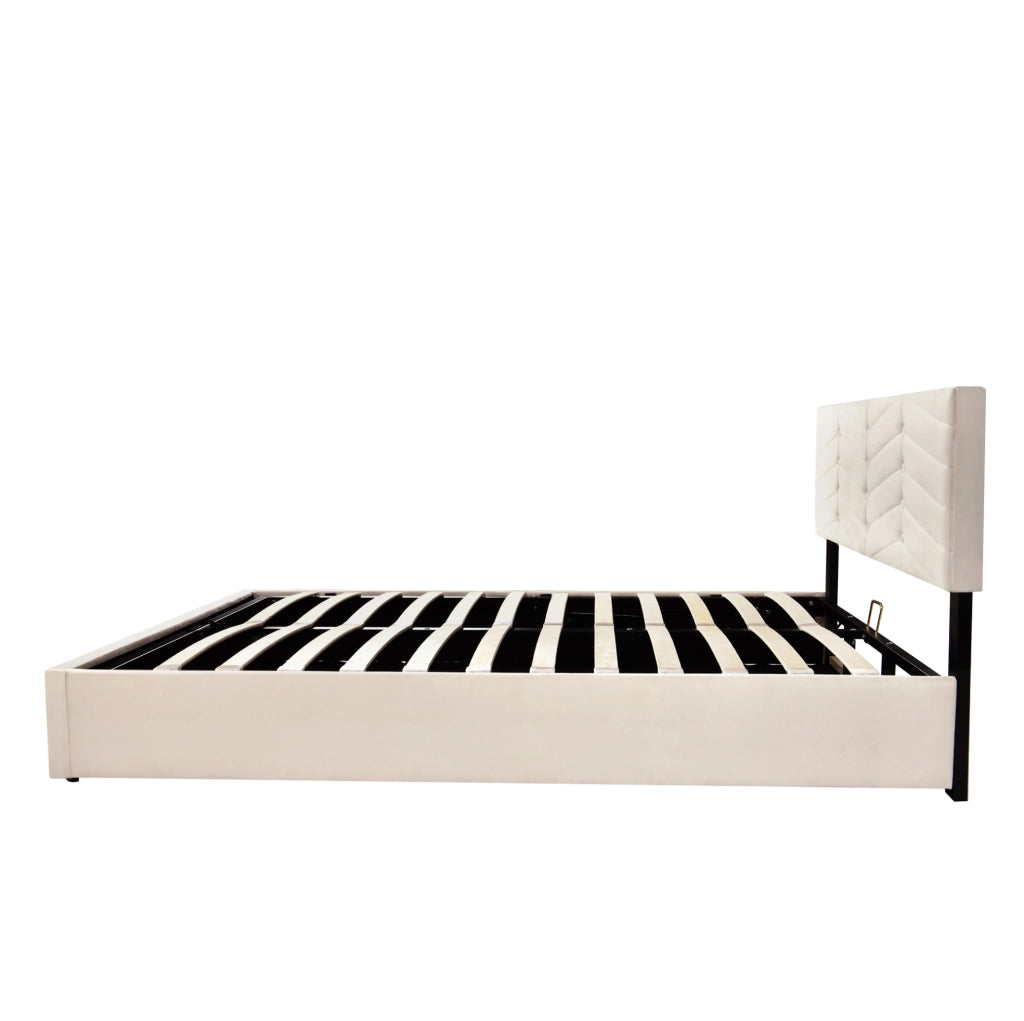 Letto imbottito 140x200 cm in velluto beige con rete a doghe