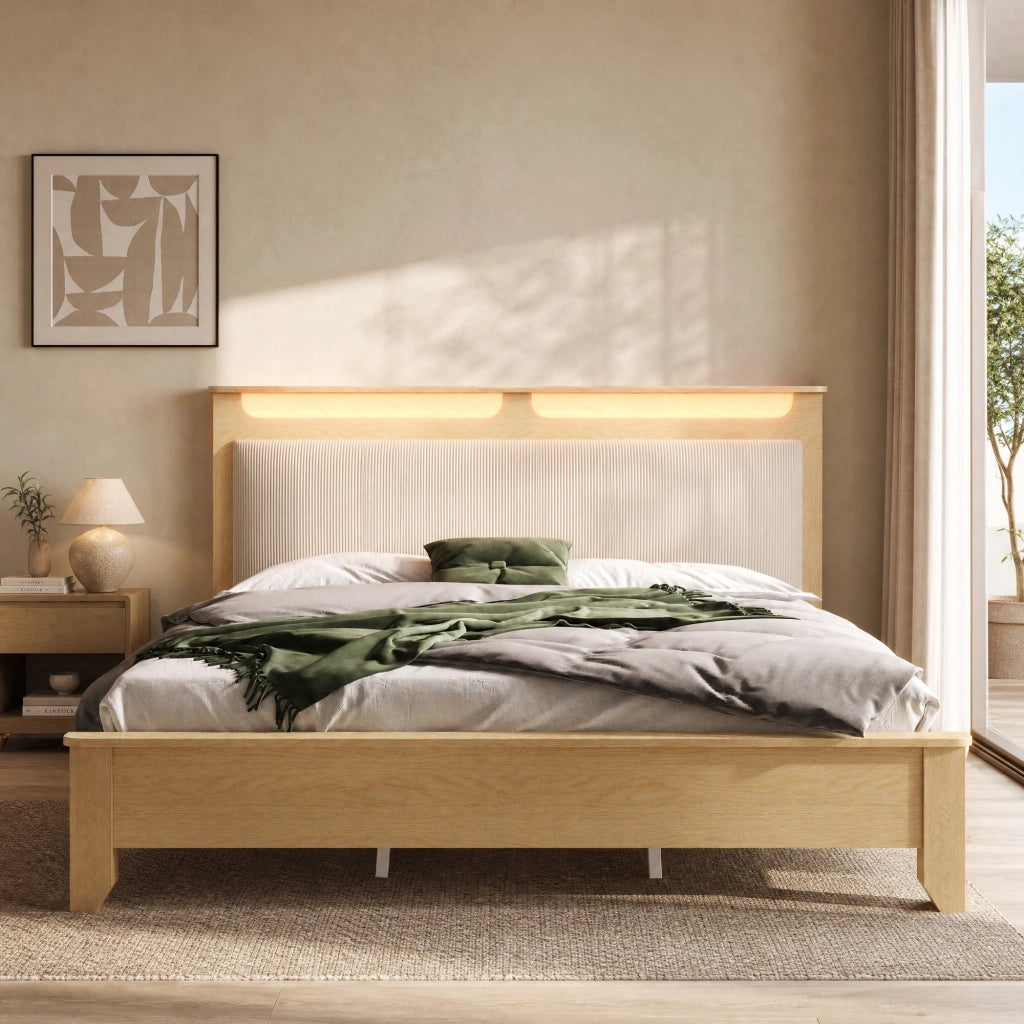 LETTO con LED e vano portaoggetti 140x200 cm in legno effetto quercia chiara e beige