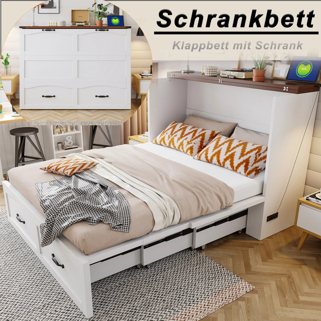 Letto a scomparsa 140 × 200 cm con presa elettrica e ruote silenziose, senza materasso, in legno e metallo, bianco
