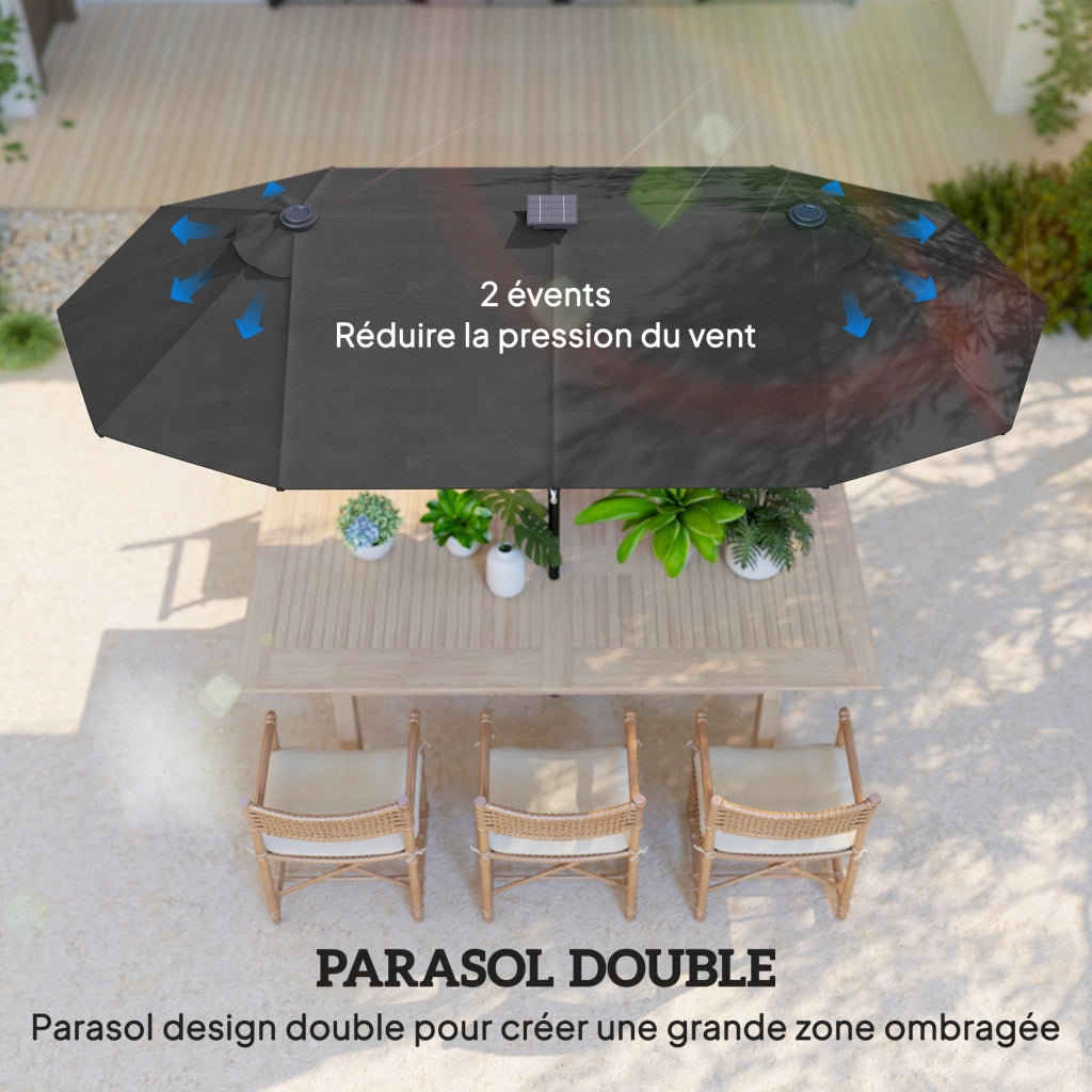 Ombrellone da giardino doppio 3x1.5 m ¨C zephmum ¨C grigio con illuminazione solare e manovella