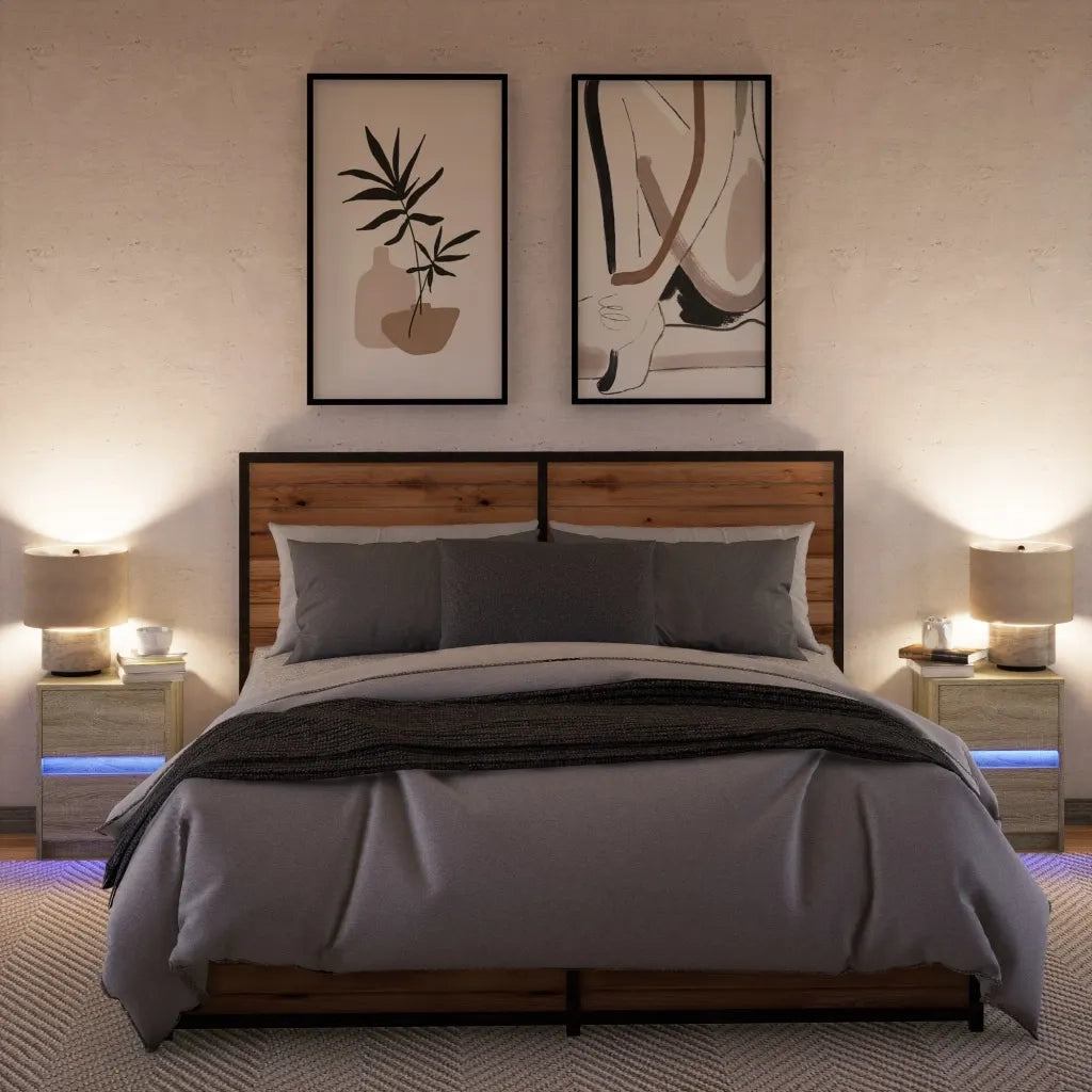 Set di 2 Comodini | Armadio da Notte | Mobiletto da notte con Luci LED Rovere Sonoma in Legno Multistrato