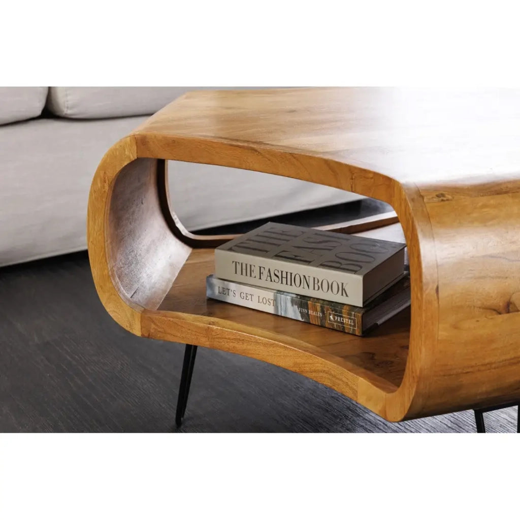 Tavolino basso NERA 70 cm in legno massiccio di acacia con nicchia e piedi in metallo nero – stile retro industriale
