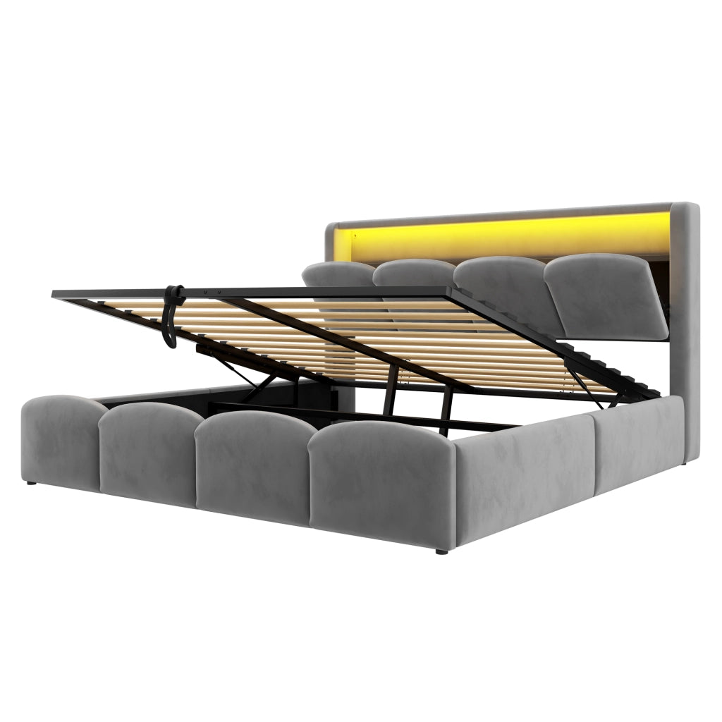 Letto Contenitore Matrimoniale 140x200 cm; USB e Type-C; LED; in Velluto Grigio