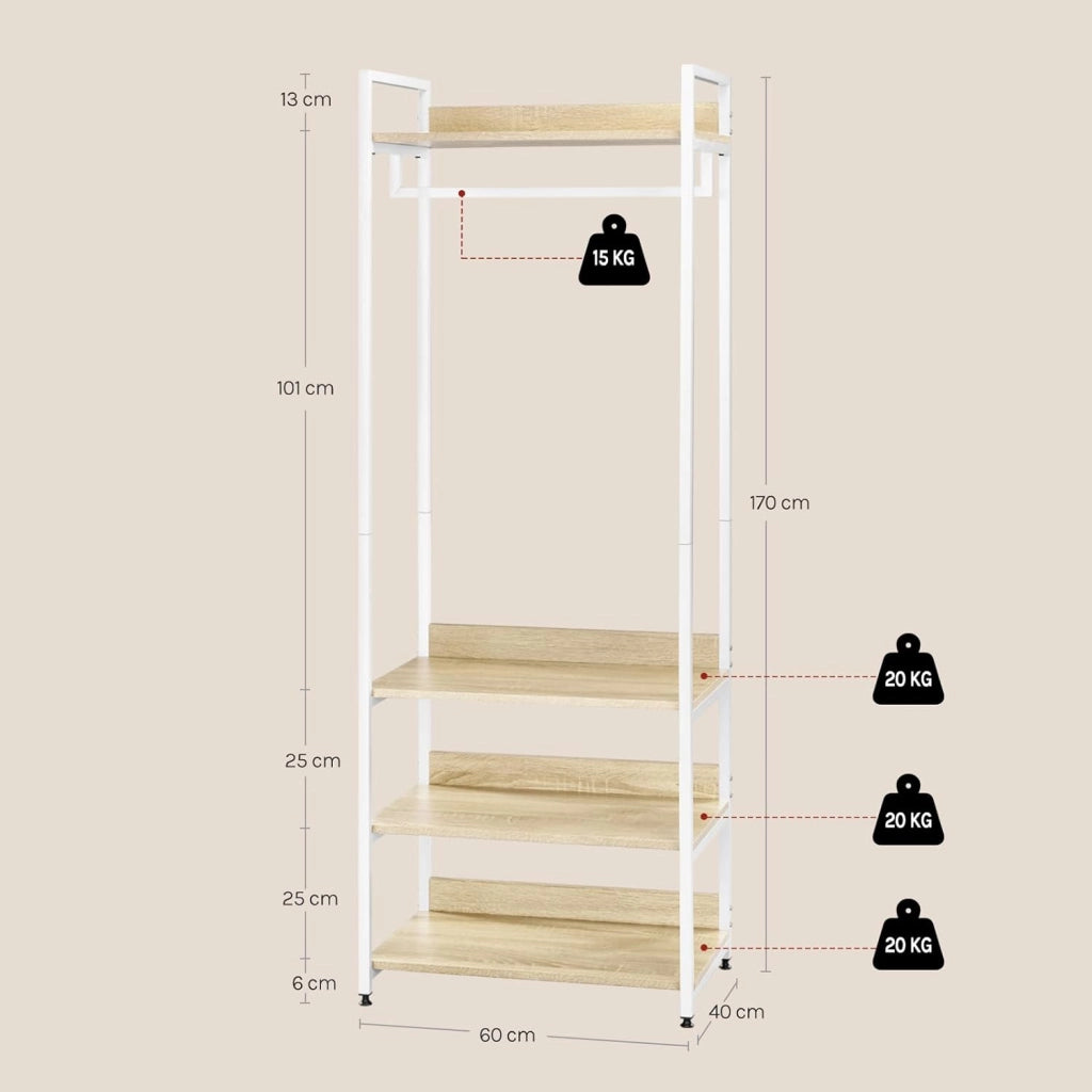 Stand Appendiabiti con Ripiani Attaccapanni per Cameretta Guardaroba con Scarpiera Scaffale Porta Abiti in Legno e Acciaio 60x40x170 cm