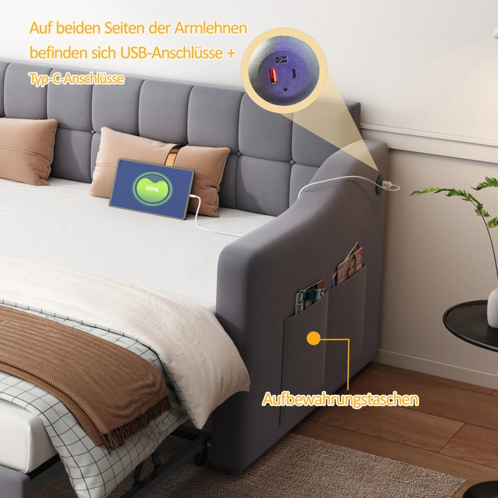 Letto divano 2 in 1 imbottito velluto grigio 90x190 cm