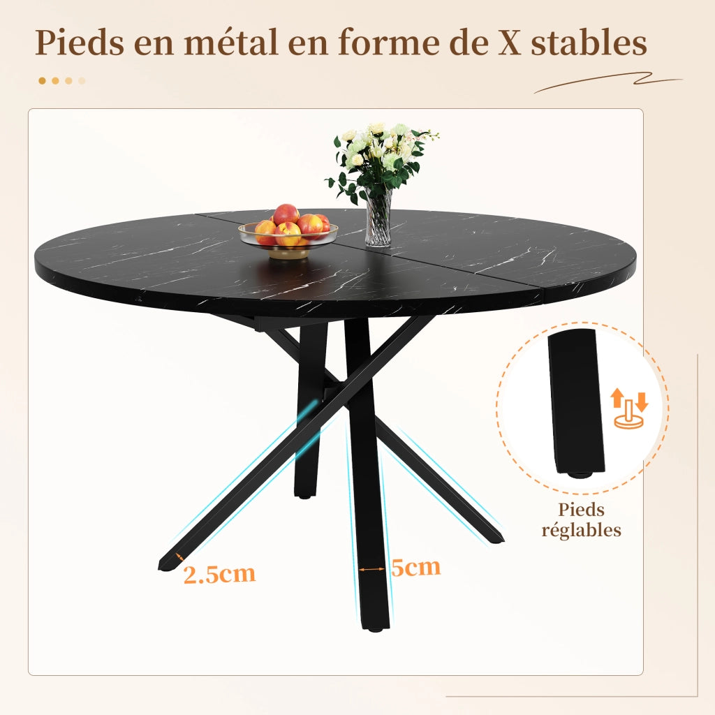 Tavolo da pranzo allungabile rotondo con piano effetto marmo, 1 prolunga, gambe in metallo, per cucina e soggiorno