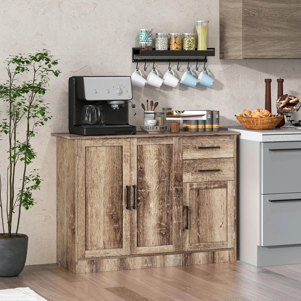 Armadietto Portaoggetti Multifunzione, Credenza da Cucina con 2 Armadi, Ante e 2 Cassetti, Mobile Portaoggetti con Dispositivo Antiribaltamento, Retrò, Grigio, 110 x 40 x 78 cm