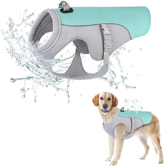 Vestone per cani con funzionalità di raffreddamento e ventilazione, progettato per proteggere il cane dalle alte temperature, con funzione di dissipazione del calore.