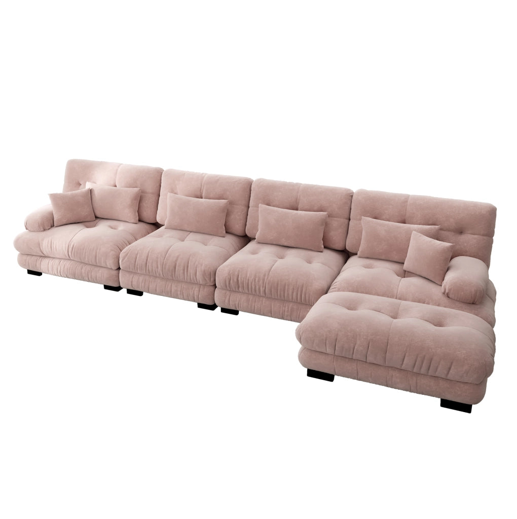 Divano modulare angolare a L in Chenille rosa, 4 posti con pouf mobile