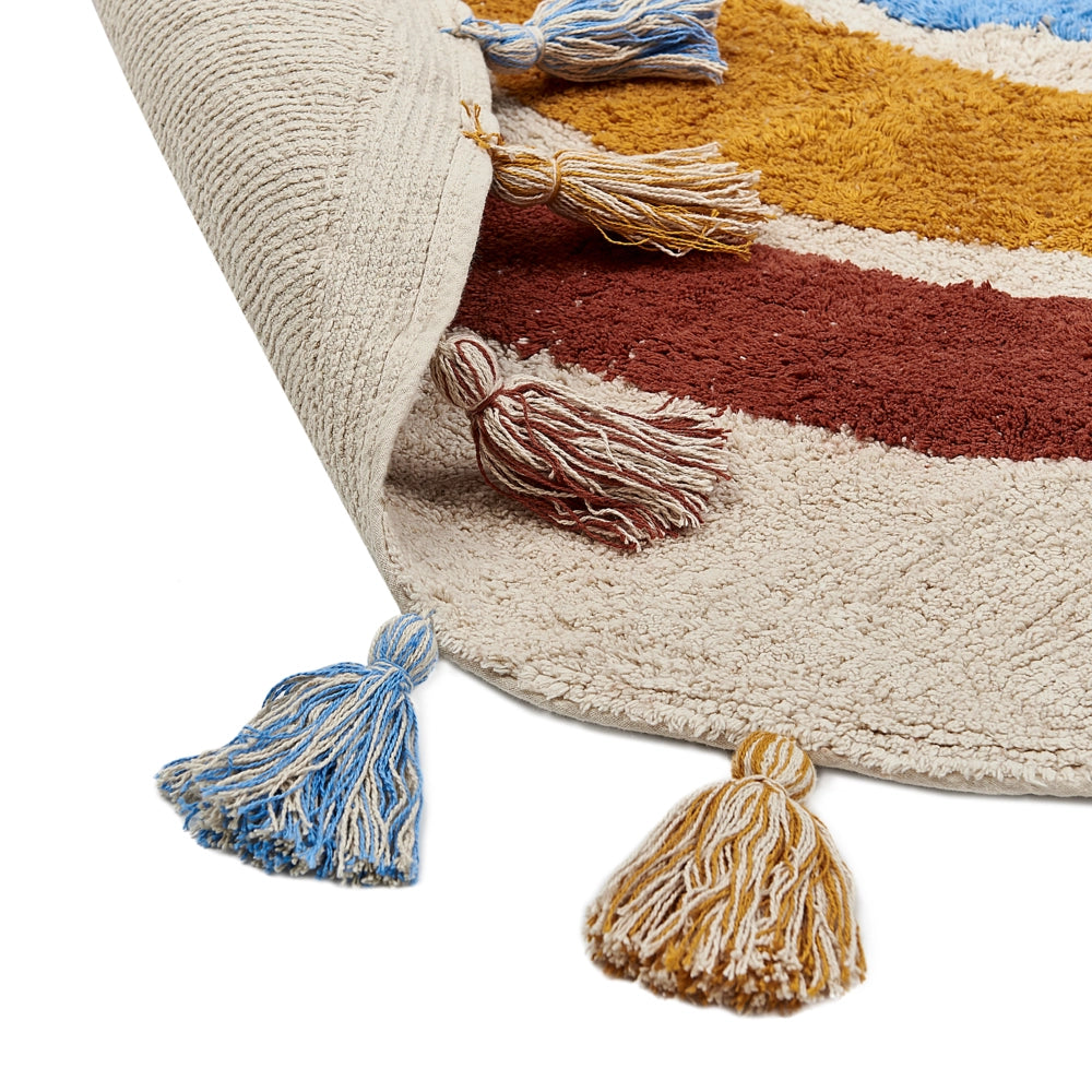 Tappeto multicolore in cotone ø 120 cm rotondo con nappine motivo geometrico arcobaleno per soggiorno camera da letto cameretta bambini Tappeto