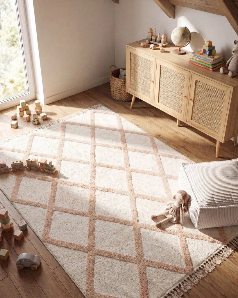 Tappeto in cotone beige 160 x 230 cm, decorativo, stile boho, per soggiorno e camera dei bambini