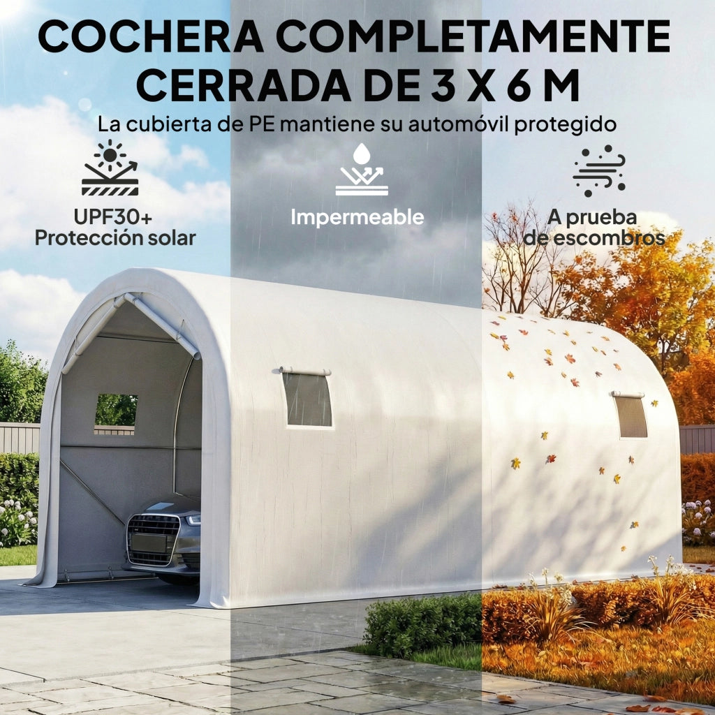 Garage Esterno per Auto 3x6 m ¨C zephmum ¨C Impermeabile Telaio in Acciaio Galvanizzato Bianco