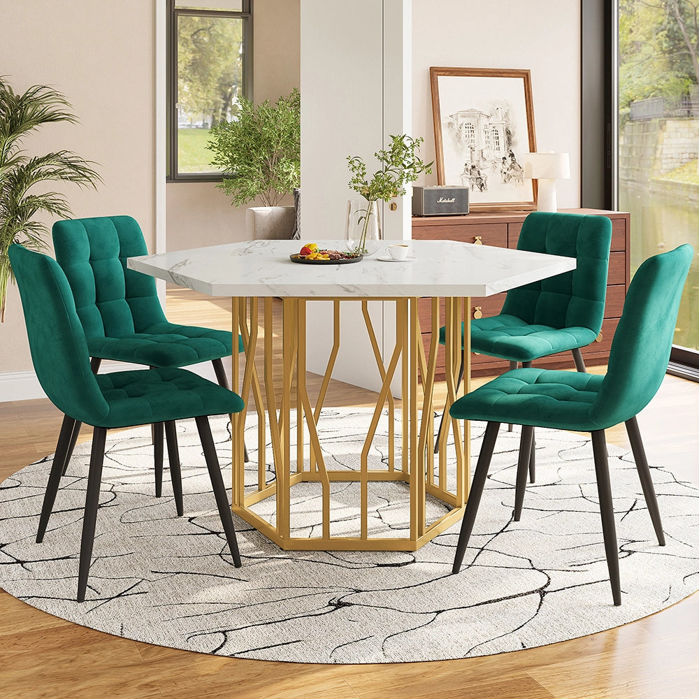 Set tavolo-Xylo-Esagonale marmo 4 sedie verde piedi dorati