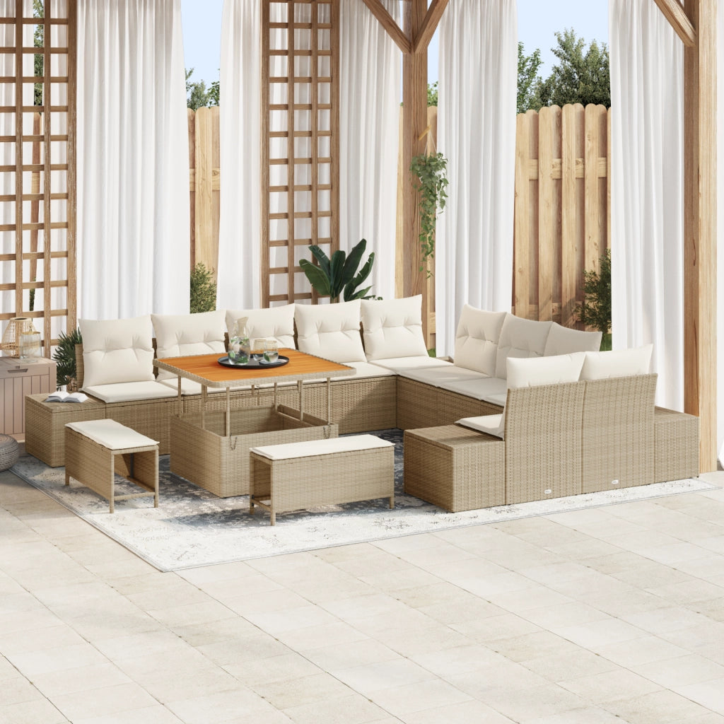 Set di Divani da Giardino 13 Pezzi con Cuscini Beige Poly Rattan Acacia