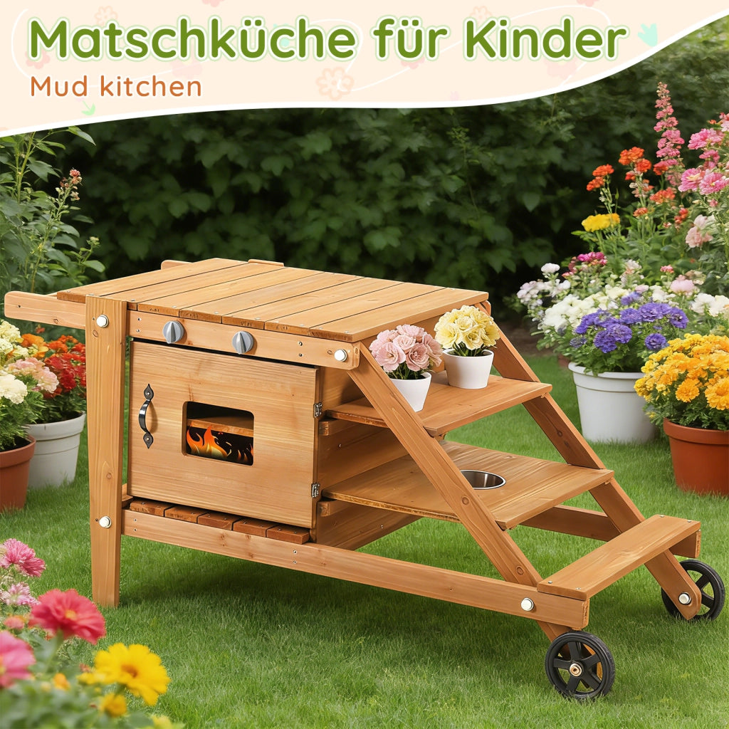 Cucina da gioco da esterno in legno naturale con ruote, forno magnetico e accessori per bambini da 3 anni