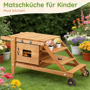 Cucina da gioco da esterno in legno naturale con ruote, forno magnetico e accessori per bambini da 3 anni
