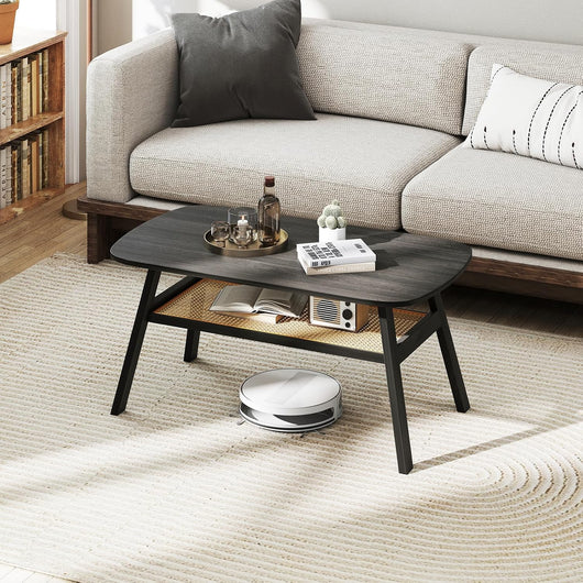 Tavolino da Salotto, Tavolo da Caffè a 2 Livelli in Rattan e Gambe in Legno di Gomma, Tavolo Rettangolare per Soggiorno, Ufficio e Salone, Portata 9,5 kg, 100 x 55 x 44,5 cm