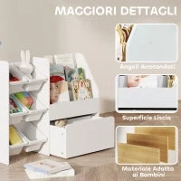 Scaffale Portagiochi con 6 Cesti, 3 Ripiani e Box Inferiore, in Legno, Plastica e Acciaio, 100x30x80 cm, Bianco