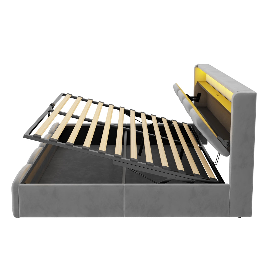 LETTO Imbottito 140x200 cm Velluto Grigio con LED, USB e USB-C