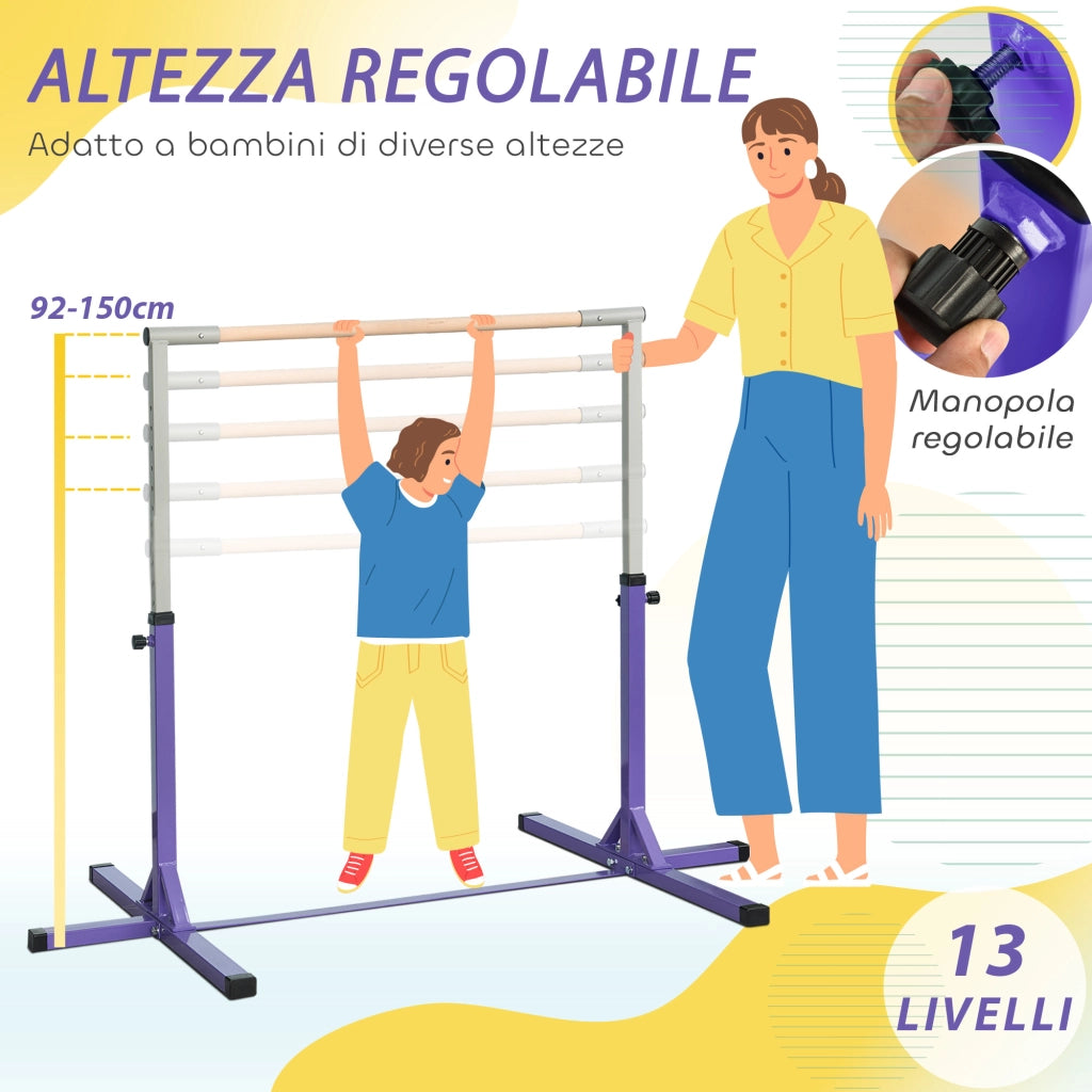 Barra da Ginnastica per Bambini 3+ Anni 194x121x92-150 cm in Acciaio e Legno Massello di Faggio Viola