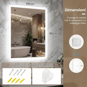 Specchio da Bagno LED 80 x 60 cm, Specchio da Parete Rettangolare con Anti-appannamento, Memoria, 3 Colori di Luce, Dimmerazione Continua e Vetro Temperato Infrangibile (80 x 60 x 3 cm)