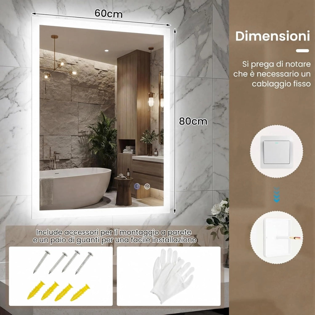 Specchio da Bagno LED 80 x 60 cm, Specchio da Parete Rettangolare con Anti-appannamento, Memoria, 3 Colori di Luce, Dimmerazione Continua e Vetro Temperato Infrangibile (80 x 60 x 3 cm)