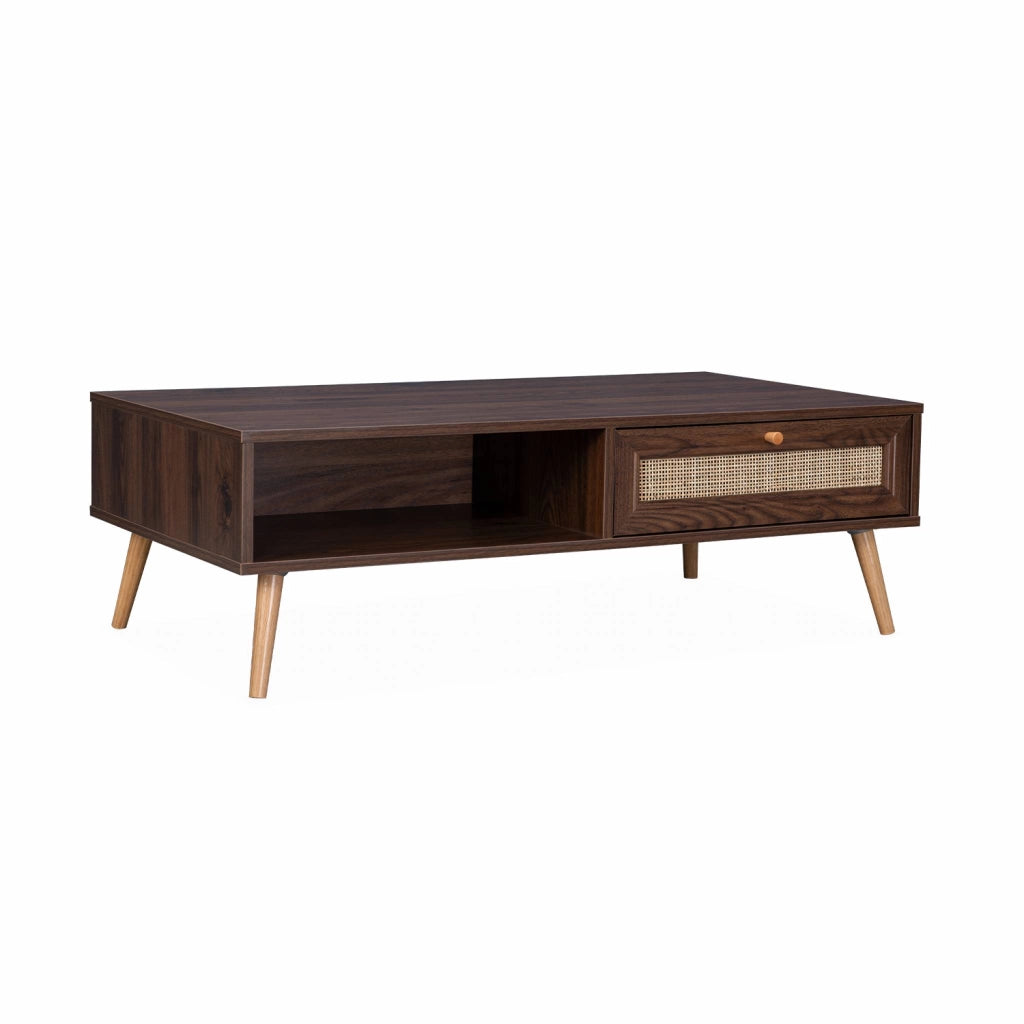 Tavolino scandinavo in vimini, 1 cassetto, marrone scuro