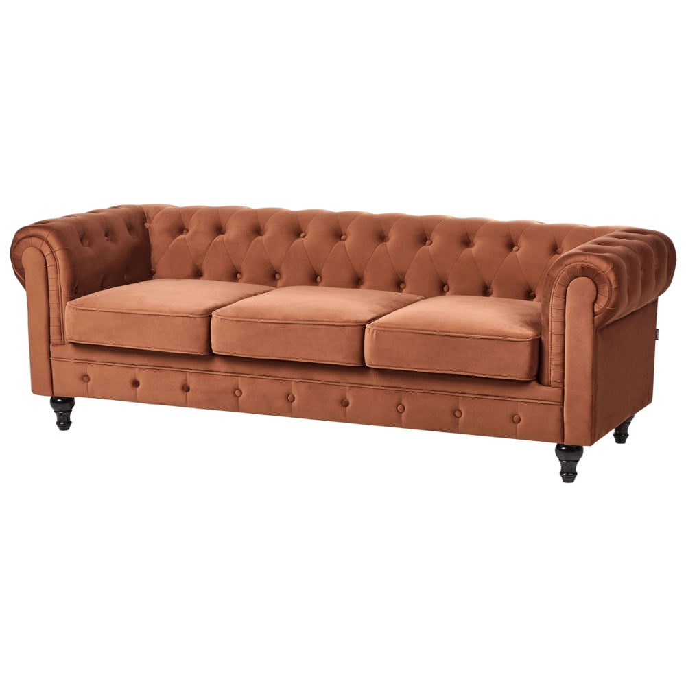 Set soggiorno Chesterfield Rivestimento in velluto marrone dorato Gambe nere Divano a 3 posti + poltrona