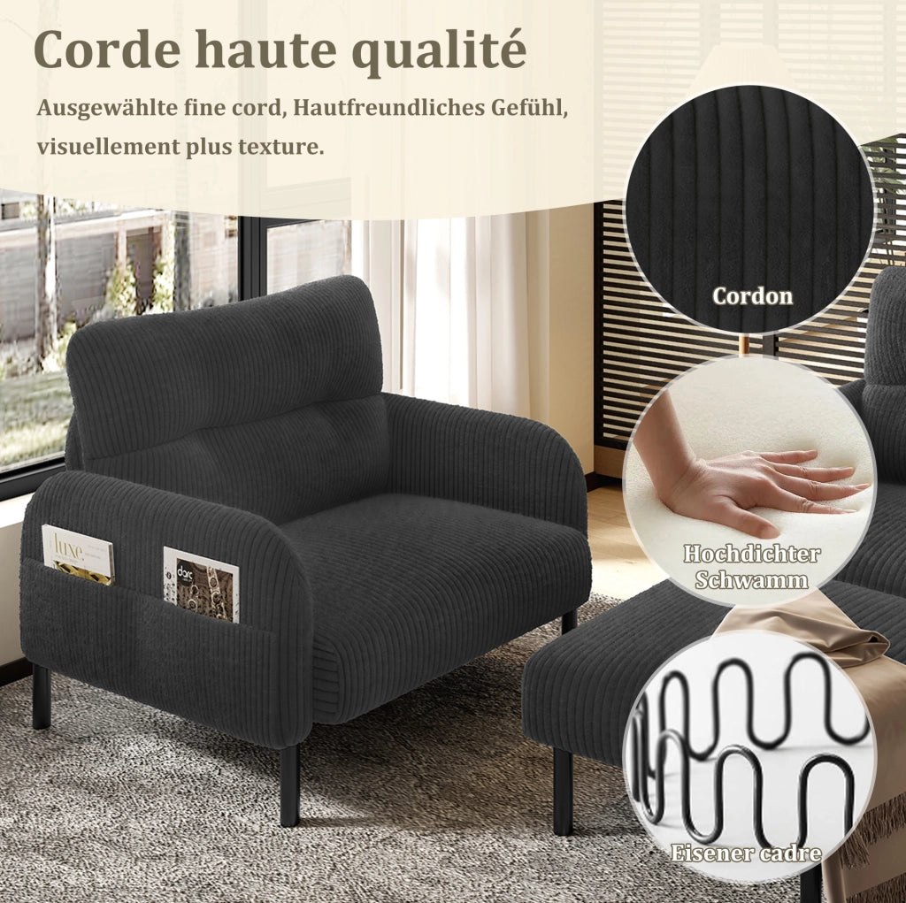 Set divano 2 posti; poltrona e pouf in velluto a coste; grigio