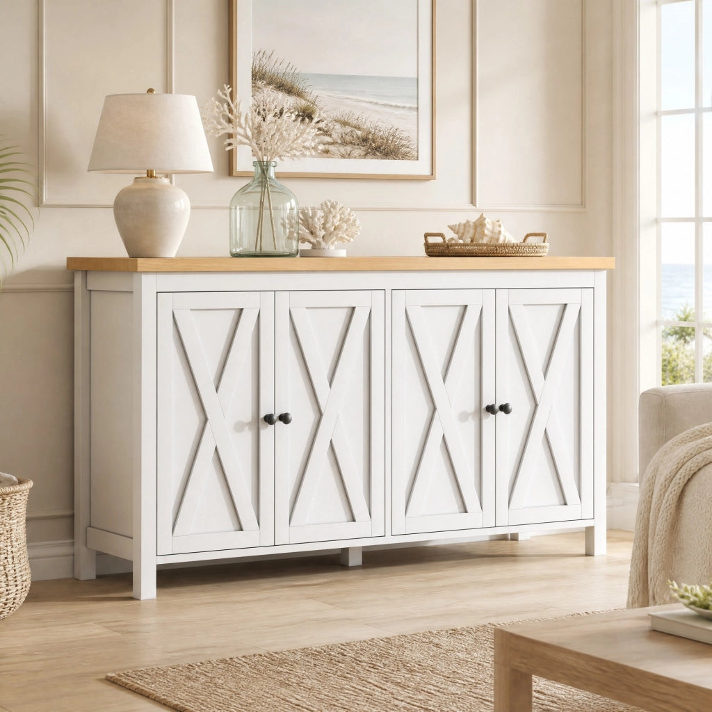 Credenza con 4 ante e 2 ripiani regolabili per soggiorno in MDF 140×40×78 cm bianco
