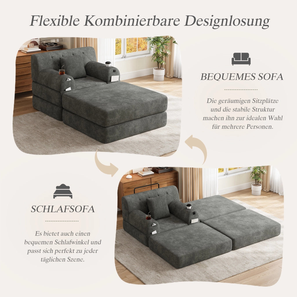 Divano letto in velluto a coste con schienale alto, tasche laterali e portabicchieri, grigio scuro 107 × 162 × 81 cm