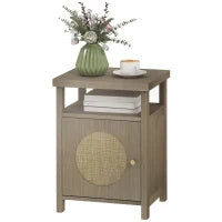Comodino con Scaffale Aperto e Vano con Anta in Rattan, 40x35x55 cm, Legno Naturale