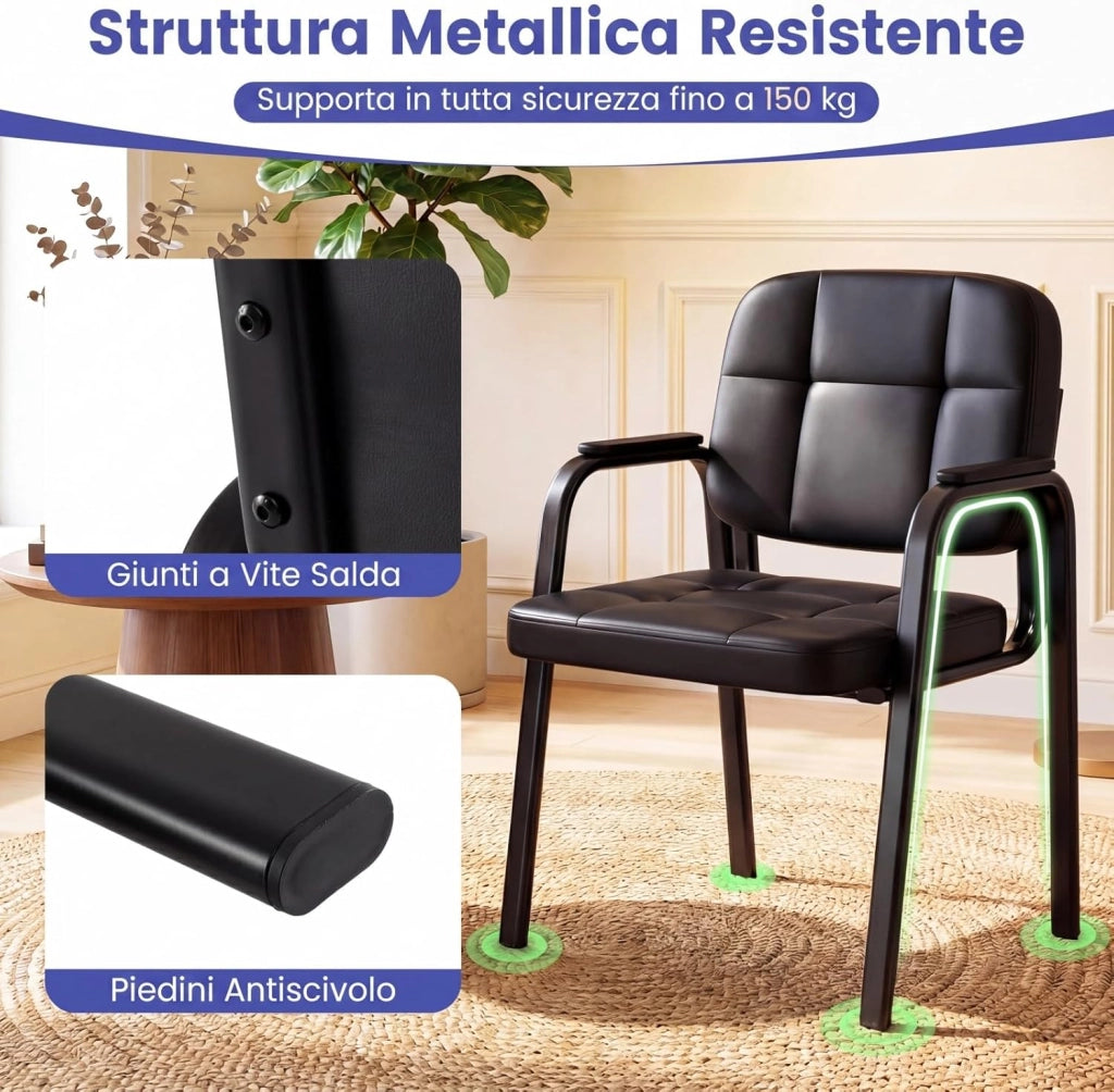 Set di 2 Sedie Scrivania, Sedie da Ufficio senza Ruote, con Braccioli Imbottiti e Schienale Ergonomico, Struttura in Metallo Resistente, per Sala Riunioni, Studio, Portata 150 kg