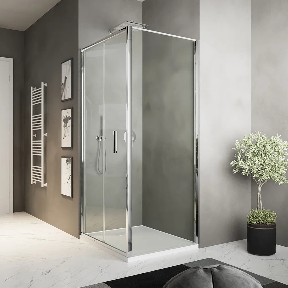 Box doccia slim 90x80cm con porta a libro e parete fissa profili cromati e vetro 6mm trasparente h190| Portofino