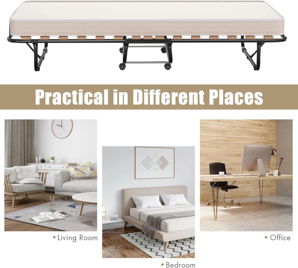 Letto Singolo Pieghevole con 4 Ruote, Portata di 120 kg, Letto Pieghevole con Materasso e 4 Gambe in Mettallo, Fibbia Fissata, 80 x 190 cm, Materasso di 10 cm, Ideale per Viaggio e di Riserva