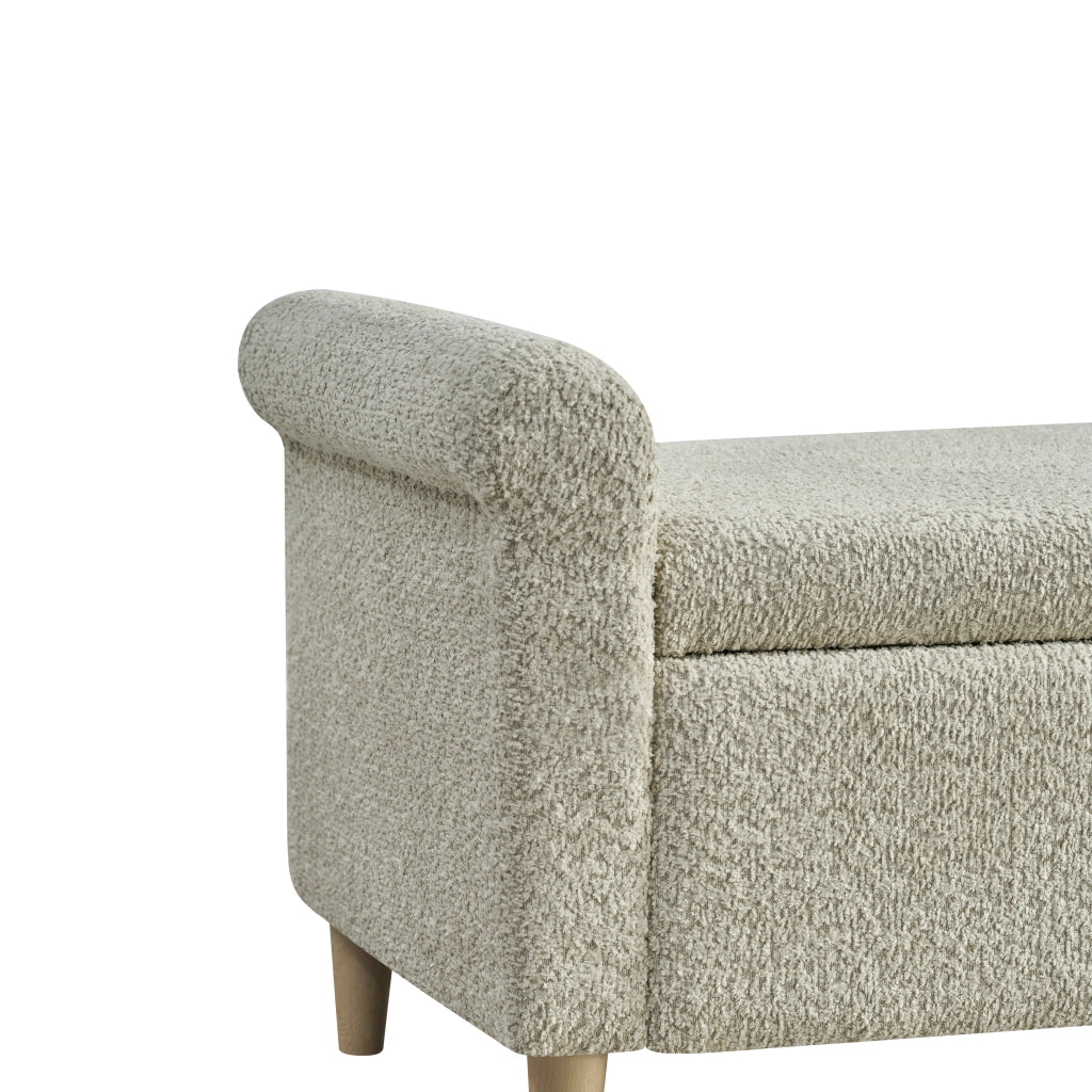 Pouf contenitore con coperchio sollevabile e struttura in legno stile scandinavo per salotto e camera da letto cammello
