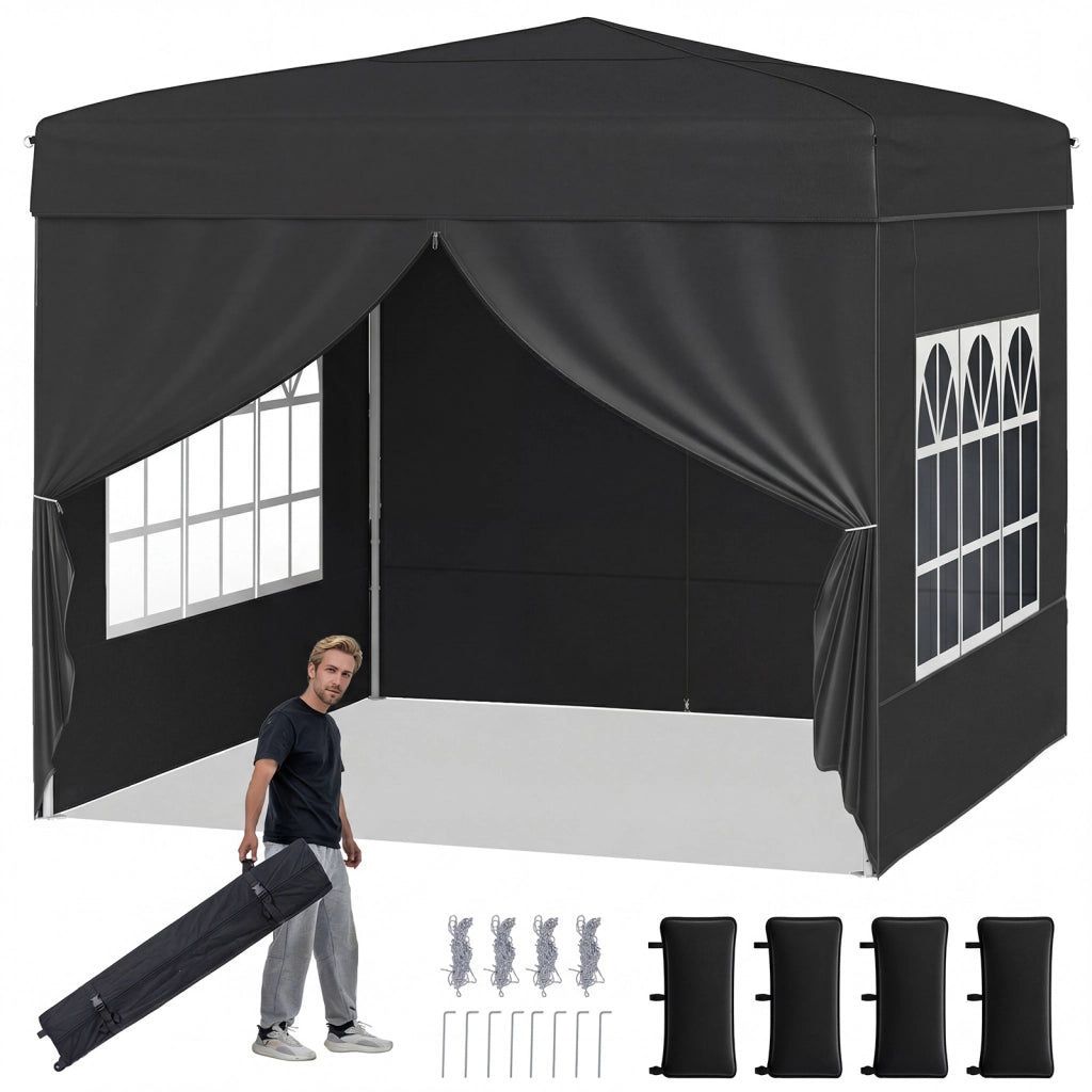 Gazebo da giardino pieghevole con 4 pannelli laterali altezza regolabile borsa da trasporto, Gazebo da esterno impermeabile Nero
