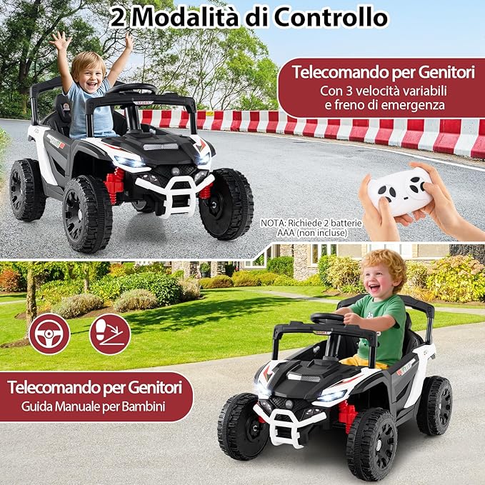 12V Macchina Elettrcia per Bambini, UTV Auto Elettrica con Telecomando, 3 Velocità, Luci LED, Musica, Clacson e Sospensioni a Molla, 3-5 km/h, Ideale per Bambini 3 Anni+ (Bianco)