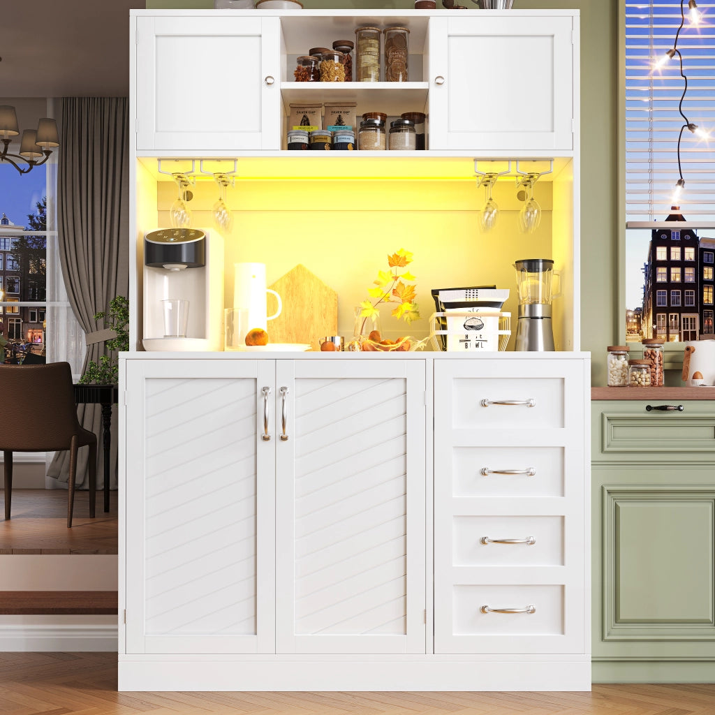 Credenza da cucina con 4 ante; 2 cassetti; ripiano snack; portabottiglie e LED; in MDF; 120x40x188 cm; Bianco