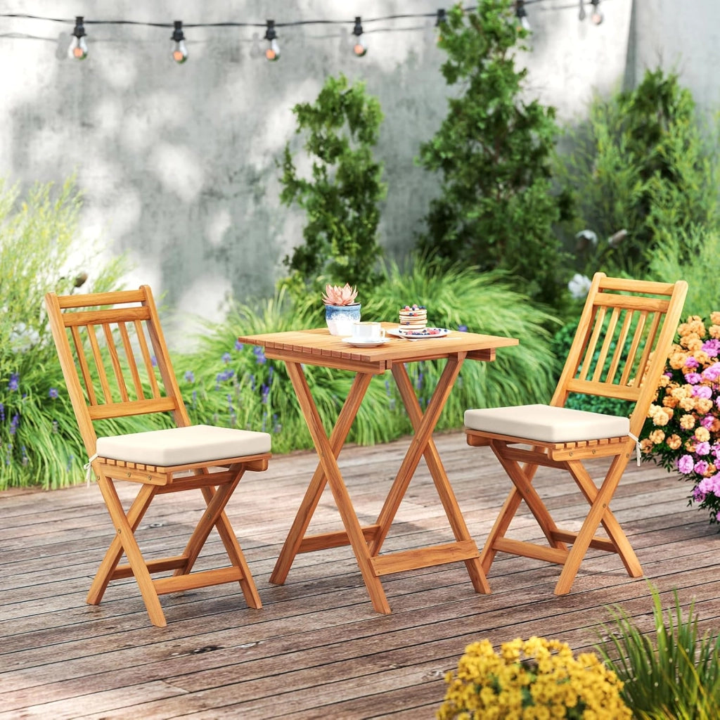 Mobili da balcone piccolo balcone, tavolo da bistrot con 2 sedie, set di mobili da giardino in legno pieghevole, set da balcone per esterni, per 2 persone, set da giardino con cuscino